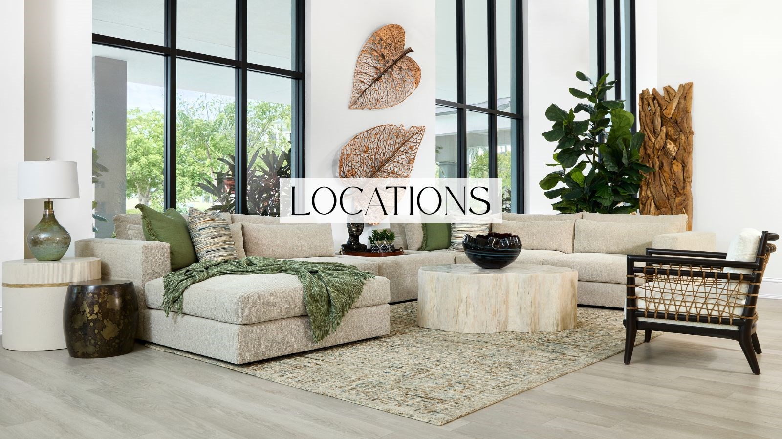 Image of a sectional setting in our Naples showroom. Text: Locations. Links to store locator.